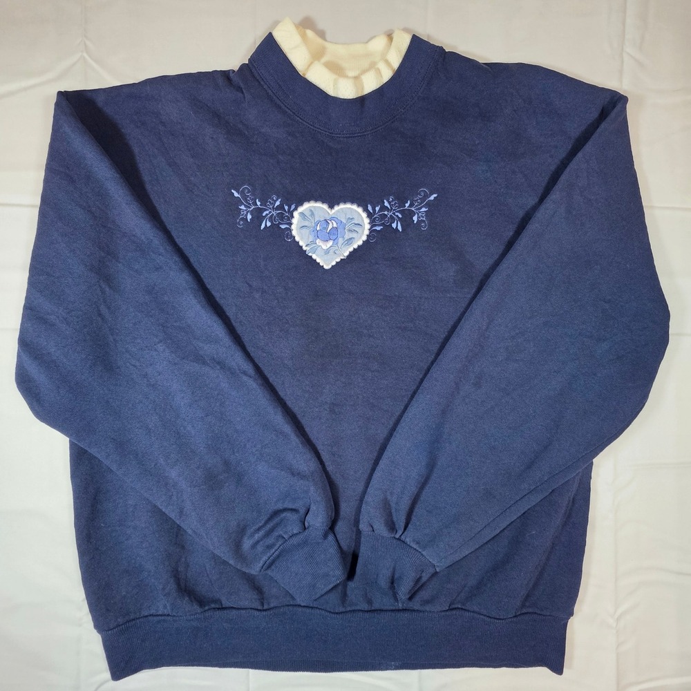 Vintage Navy Blue Heart Rose Embroidered Mock Neck Sweatshirt Grandma Chic
